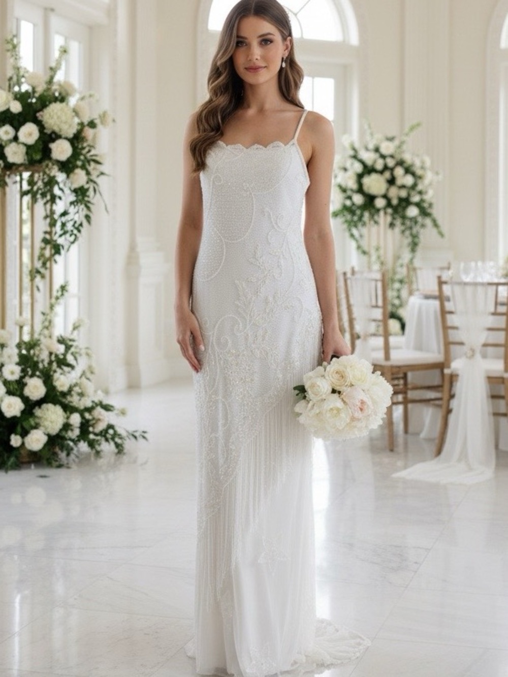 Elegant White hand Beaded stretch lace Spaghetti-Strap Dress with fringe